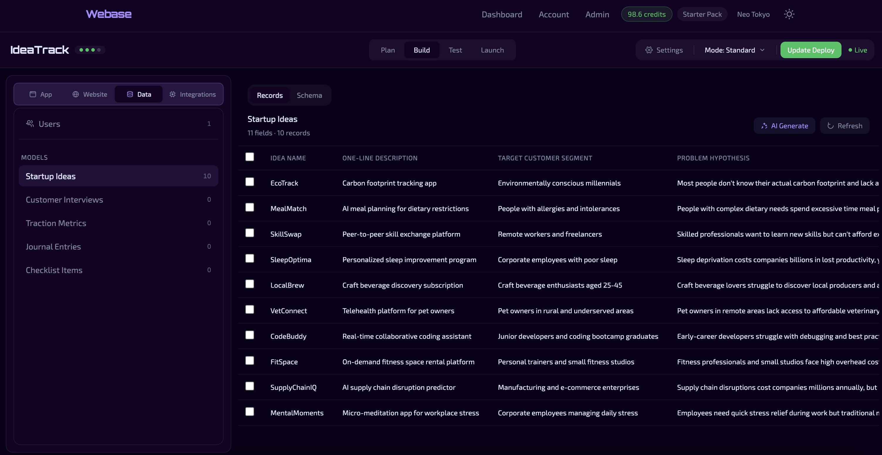 Webase data view showing database and records management
