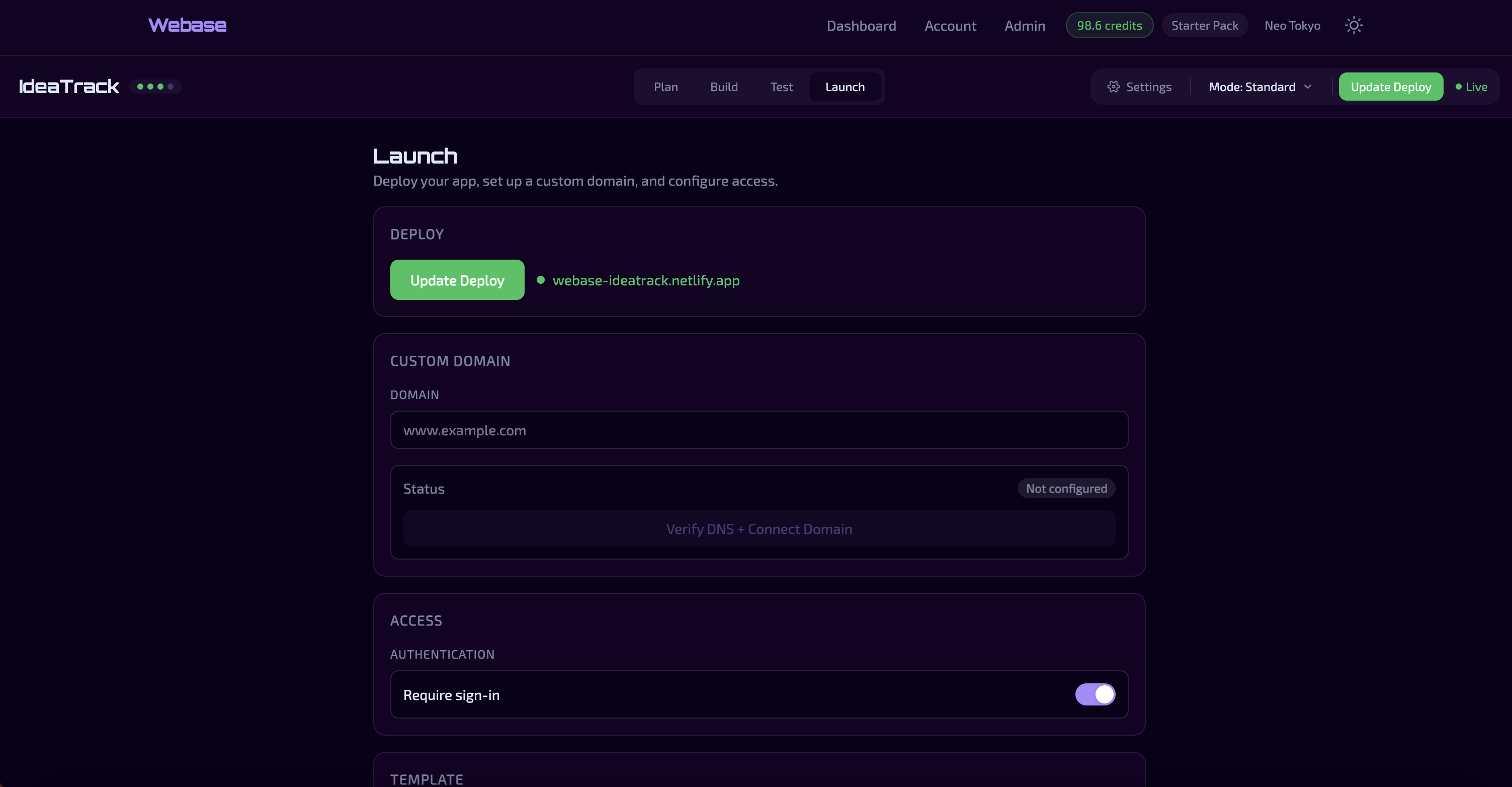 Webase launch tab showing deployment workflow