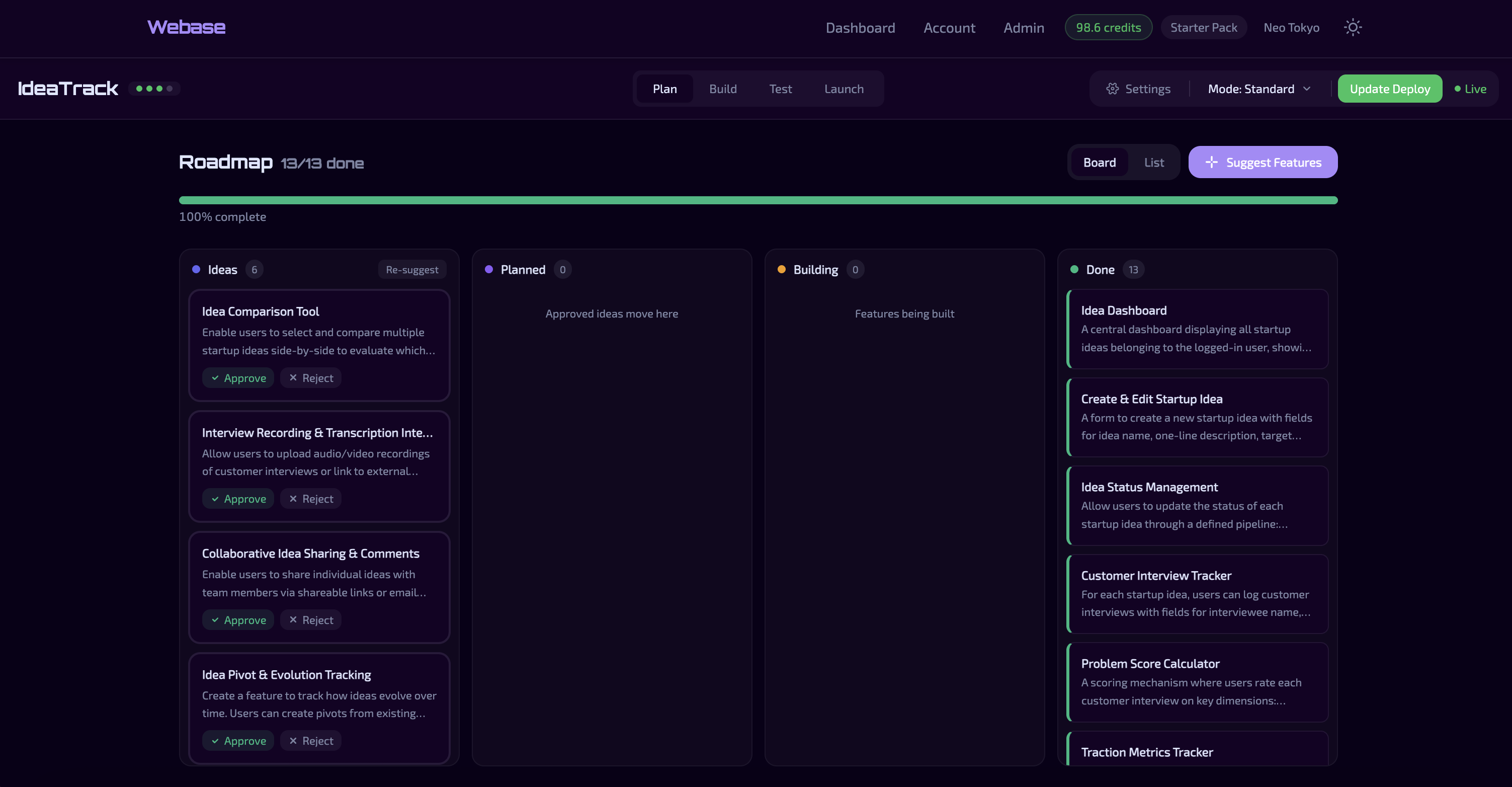 Webase plan tab with roadmap and app requirements